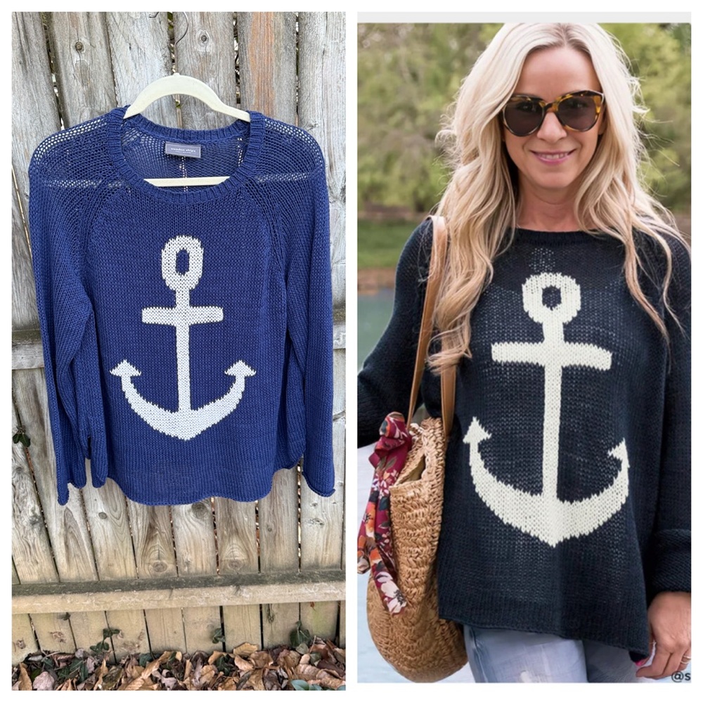 Wooden Ships Anchor Raglan Cotton Crew Neck Sweater Indigo Blue White M/L